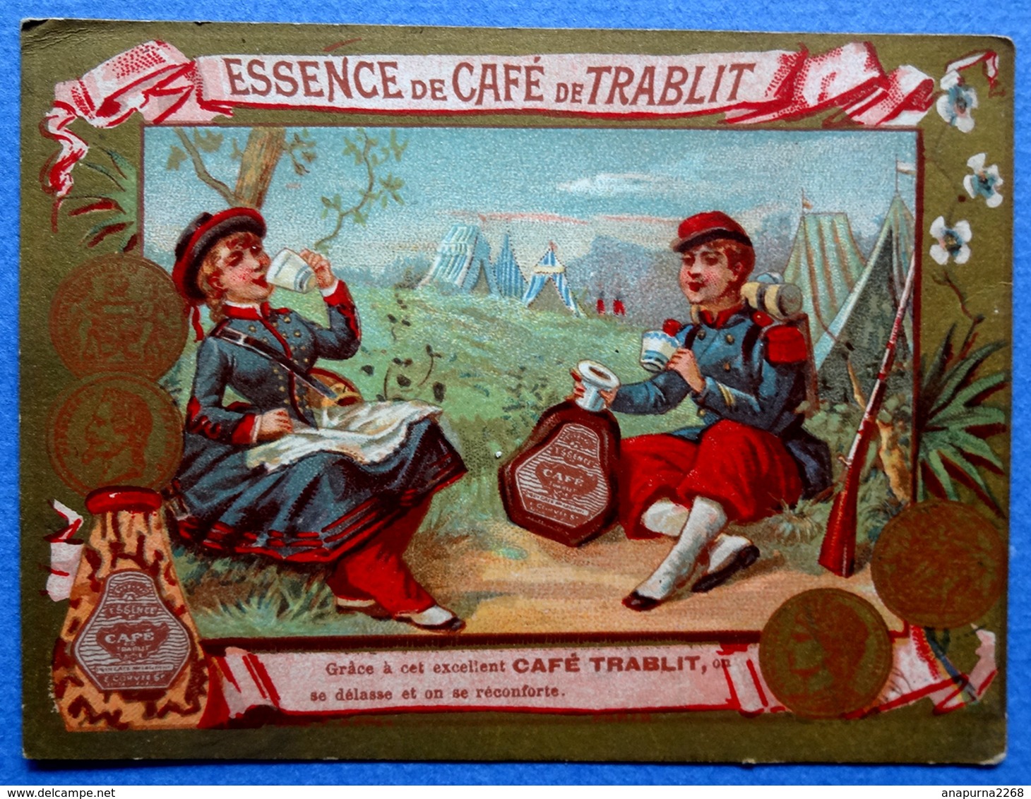 CHROMO DORÉE.... CAFÉ TRABLIT....LITHO. APPEL....MILITAIRES ...CAMPEMENT...CANTINIÈRE - Thé & Café