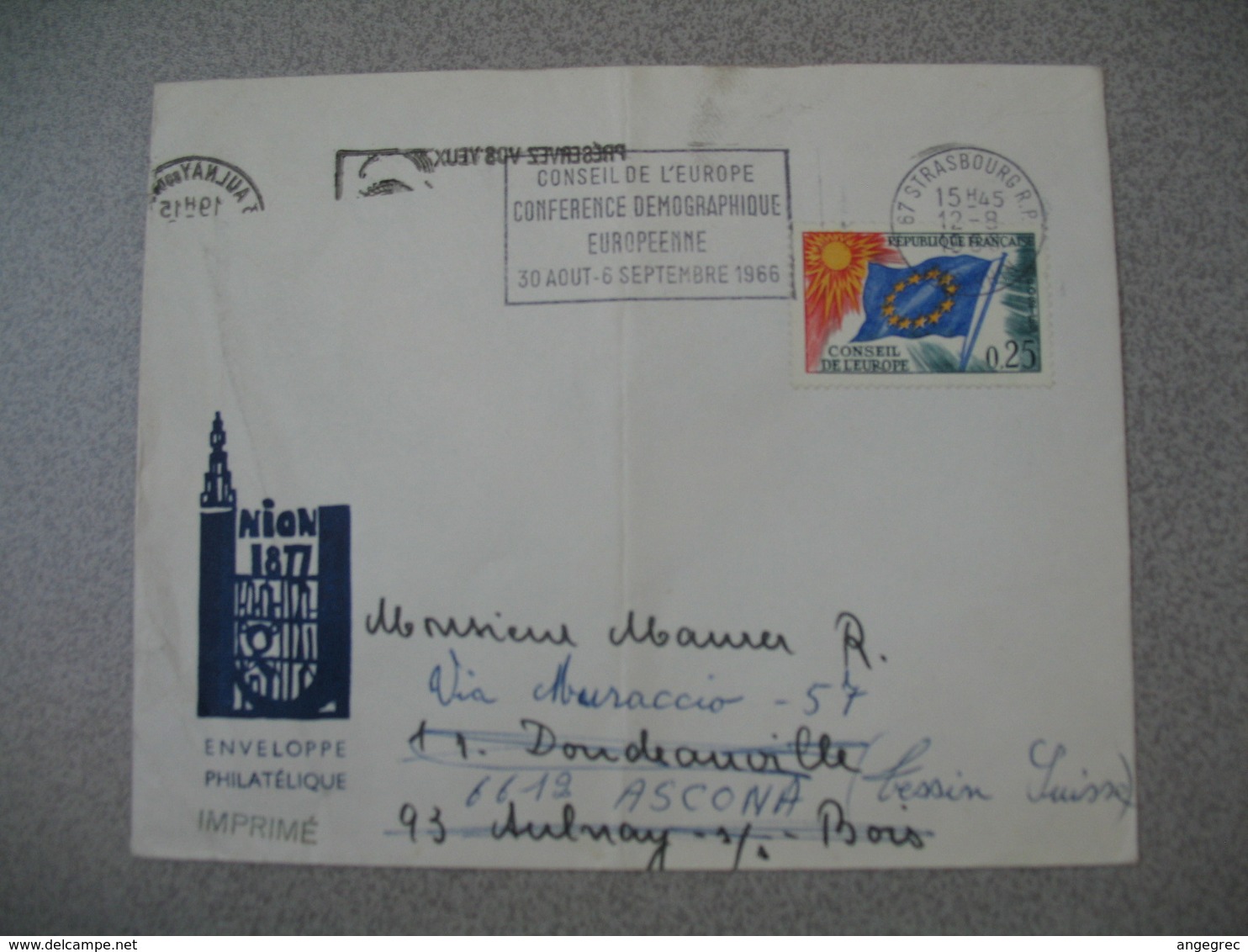 Lettre 1966 Conseil De L'Europe Conférence Démographique Européenne De Strasbourg RP Bas-Rhin Pour Ascona Suisse - 1961-....