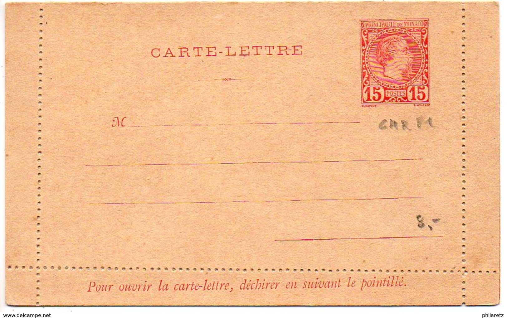 Monaco, Entier Postal : CL 15c Rouge Charles - Interi Postali
