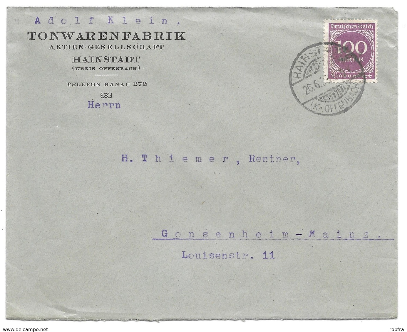 HAINSTADT - Deutsches Reich - Lettre - "Tonwarenfabrik Hainstadt" Vers Mainz, Mi. 268, 1923 - Lettres & Documents