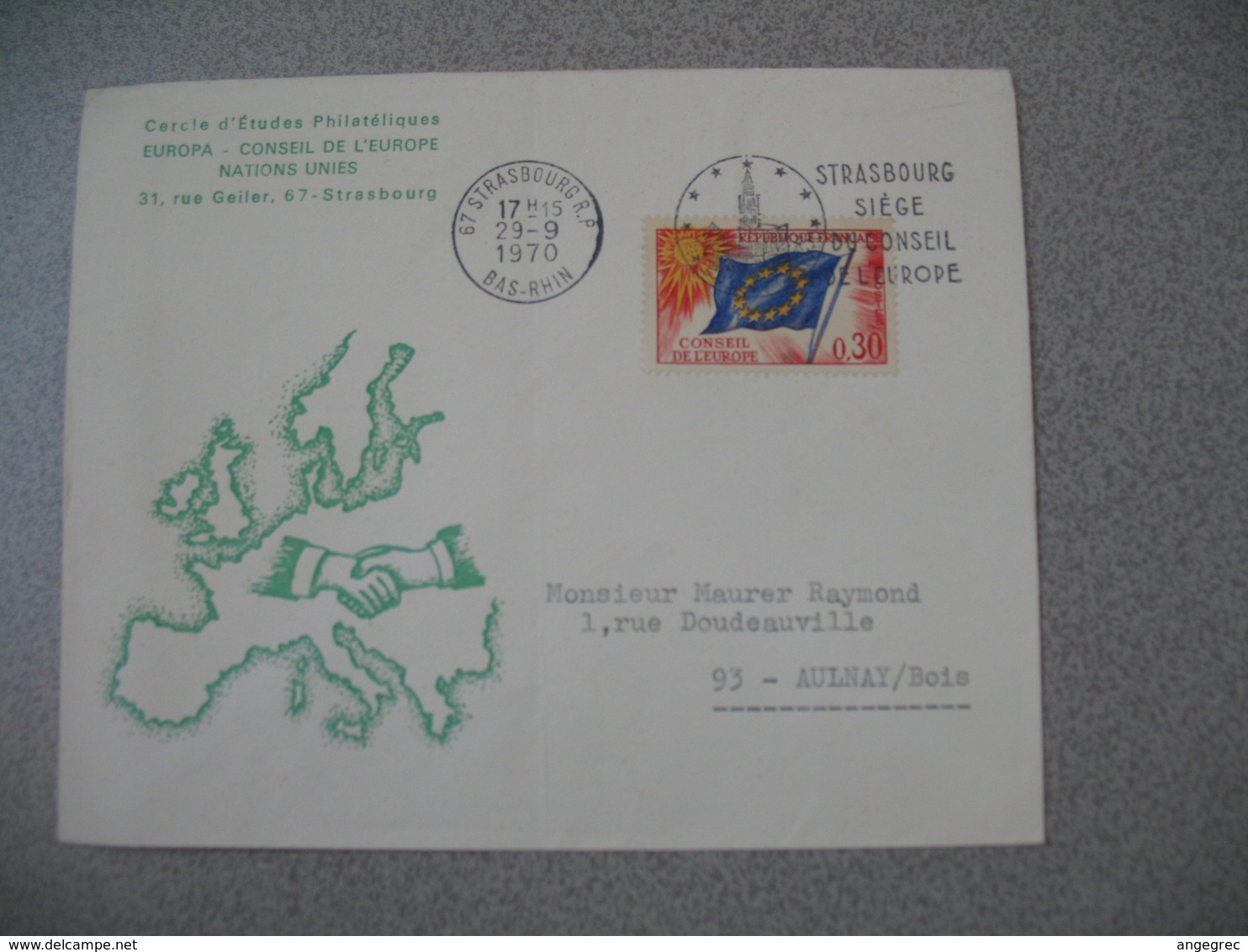 Lettre 1970 Cercle Etudes Philatéliques Conseil De L'Europe  Strasbourg RP Bas Rhin Pour Aulnay - 1961-....