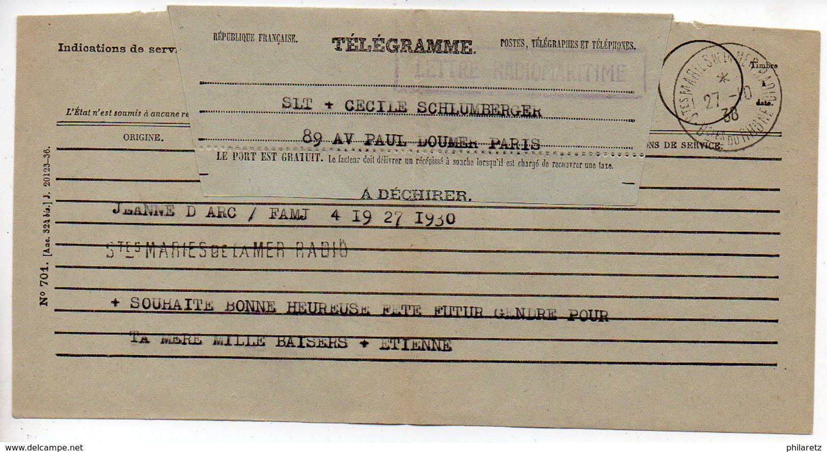 Lettre Radiomaritime De 1938 Des Saintes Maries De La Mer Avec Télégramme Envoyée Du Croiseur JEANNE D'ARC - Poste Navale