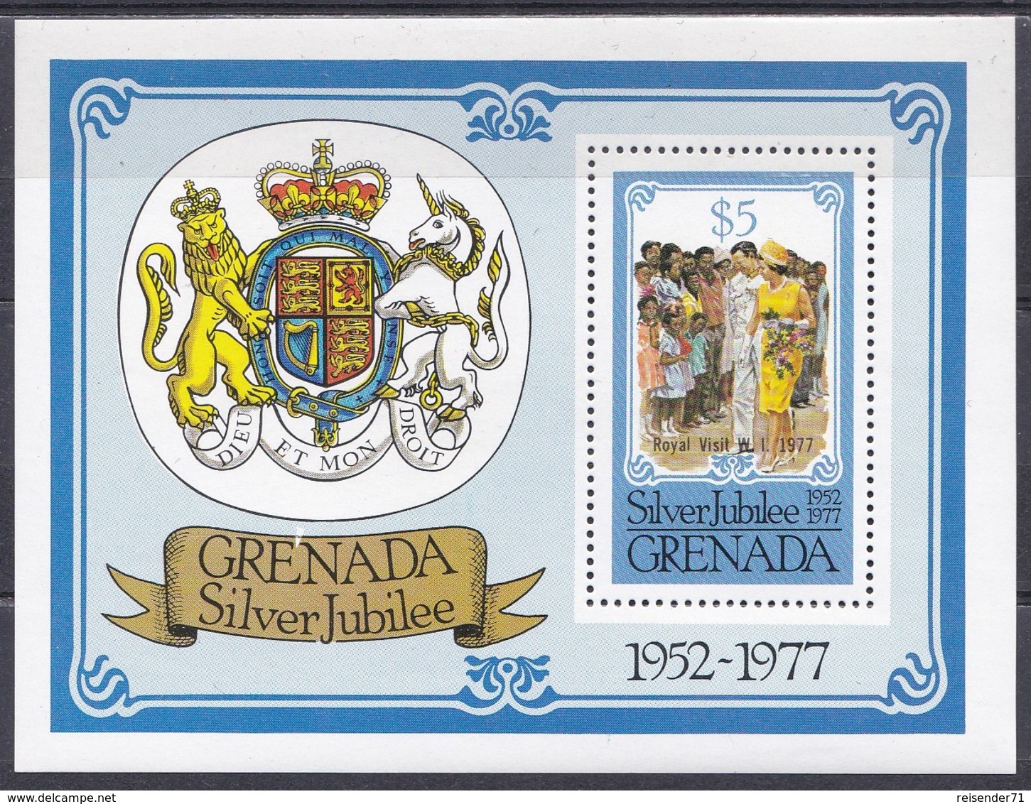 Grenada 1977 Geschichte History Persönlichkeiten Königshäuser Royals Queen Königin Elisabeth II. Wappen Arms, Bl. 63 ** - Grenada (1974-...)