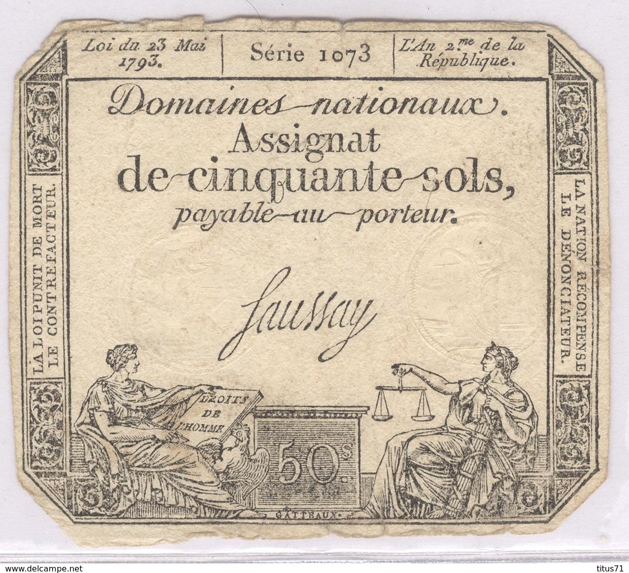 Assignat De Cinquante Sols / 50 Sols - Créé Le 23 Mai 1793 - Série 1073 - Assignats