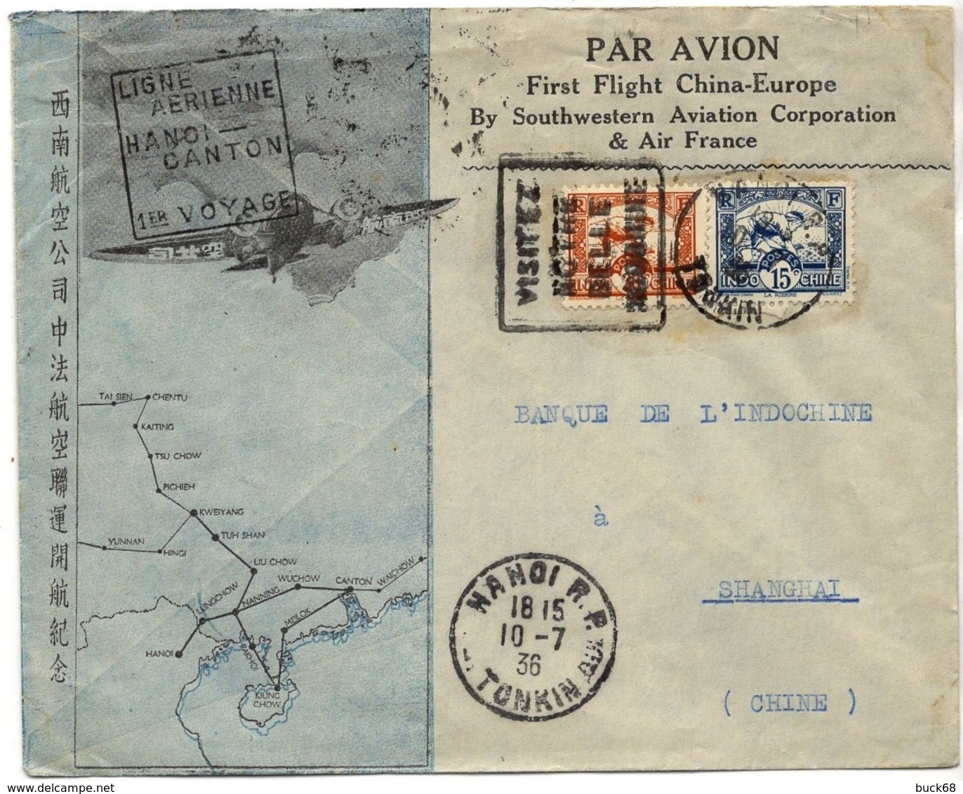 INDOCHINE 162 166 (o) Lettre 1er Vol Hanoï (Tonkin) - Canton (Chine) 10 Juillet 1936 Air France Et Southwestern Aviation - Lettres & Documents