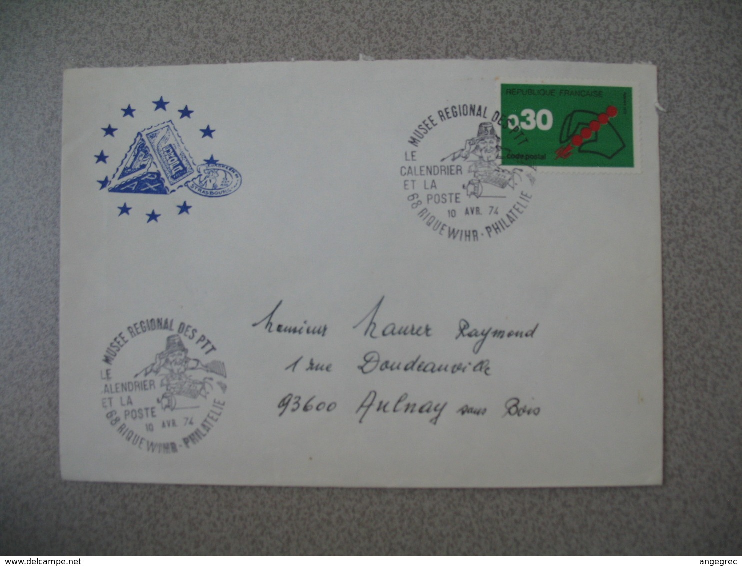 Lettre 1974 Conseil De L'Europe  Musée Régional Des  PTT  Le Calendrier Et La Poste - Riquewihr -Philatélie Pour Aulnay - 1961-....