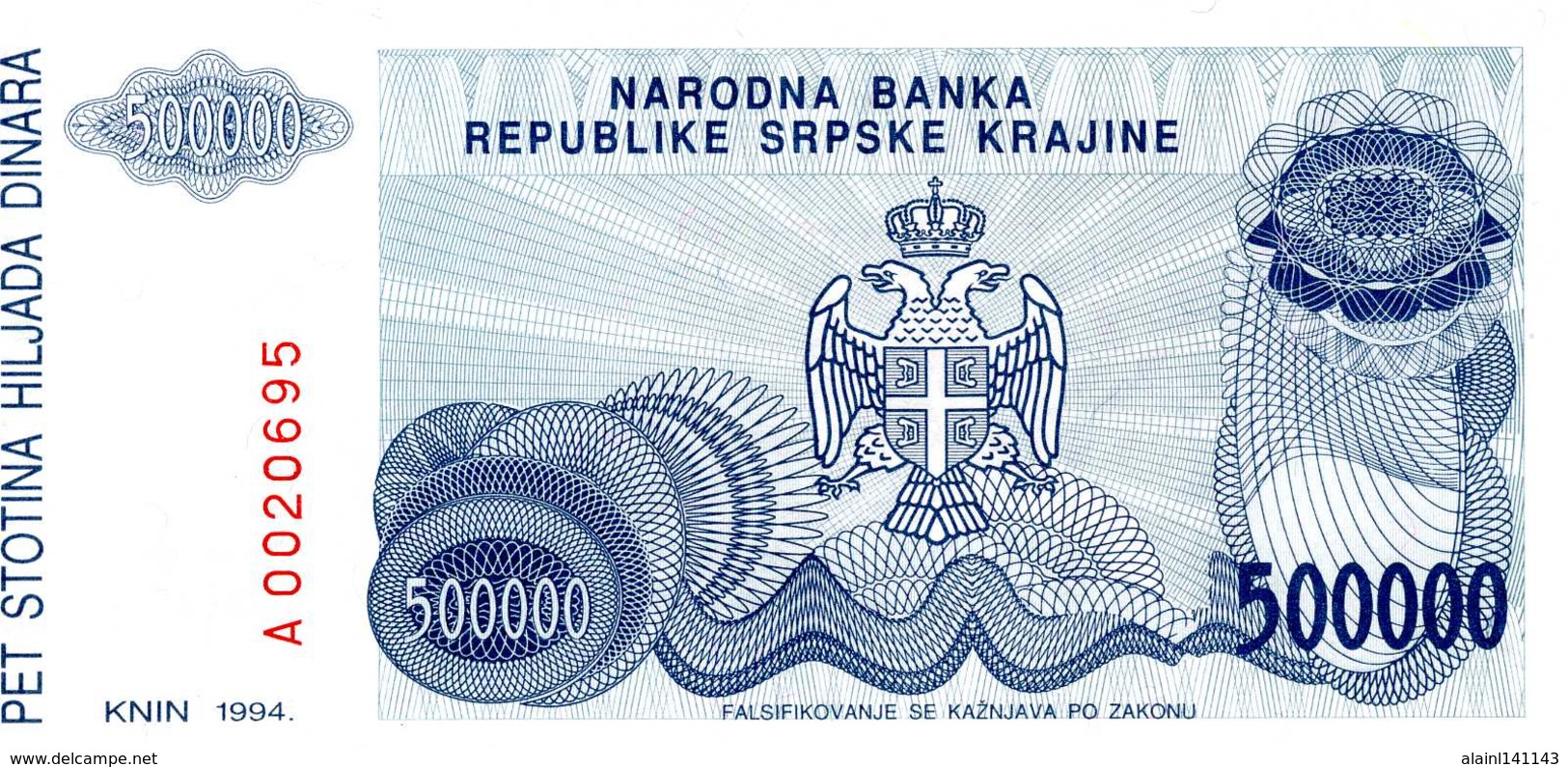 CROATIE - 500.000 Dinara 1994 - Série A 0020695 - P.R 32  - UNC - Croatie