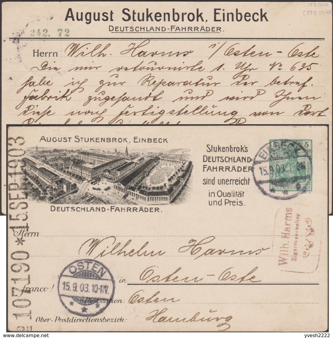 Allemagne 1903. Entier Postal TSC, August Stuckenbrok à Einbeck, Premier Fabriquant De Vélos En Allemagne. Usine - Vélo