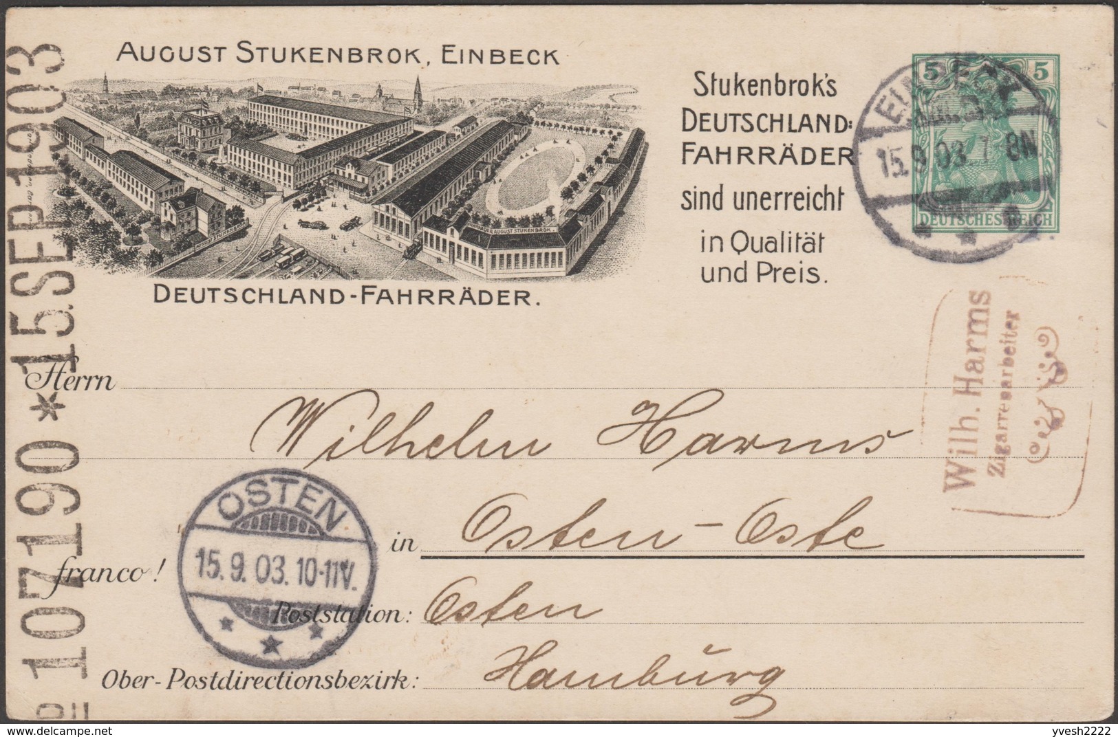 Allemagne 1903. Entier Postal TSC, August Stuckenbrok à Einbeck, Premier Fabriquant De Vélos En Allemagne. Usine - Vélo