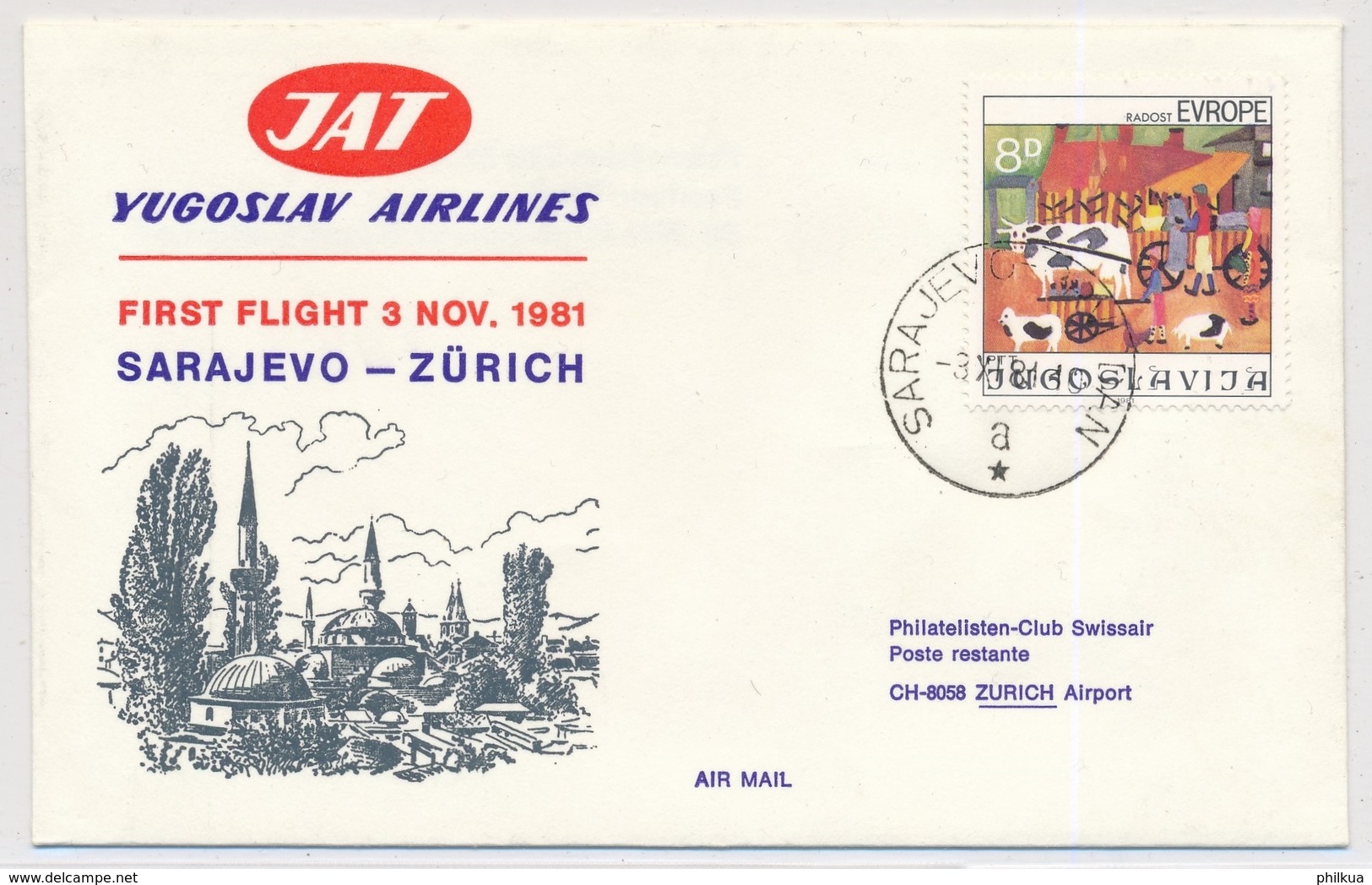 First Flight YUGOSLAV AIRLINES - 3. November 1981 - Sarajevo - Zürich - Luchtpost