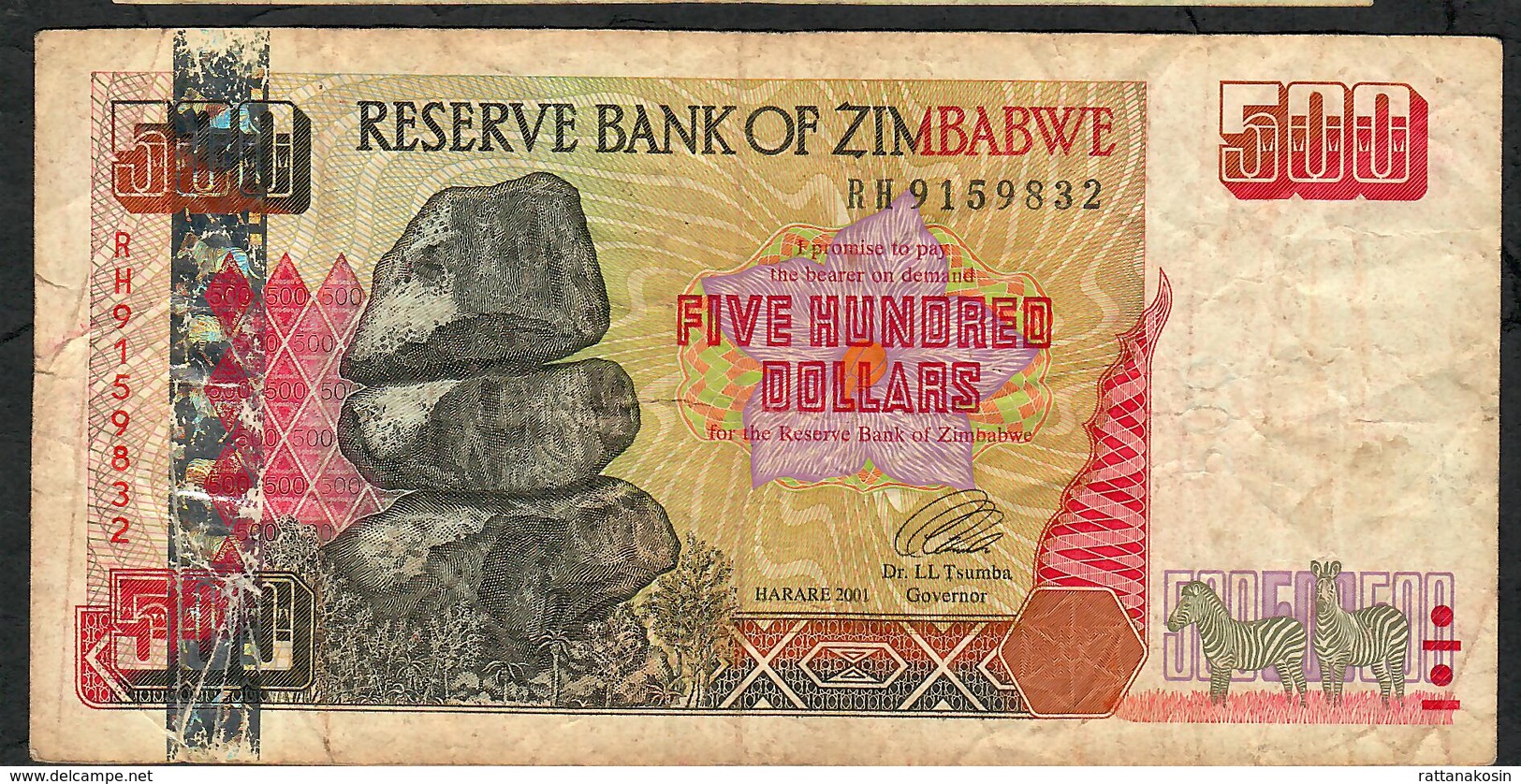 ZIMBABWE P10 500 DOLLARS 2001 #RH   F-VF NO P.h. - Zimbabwe