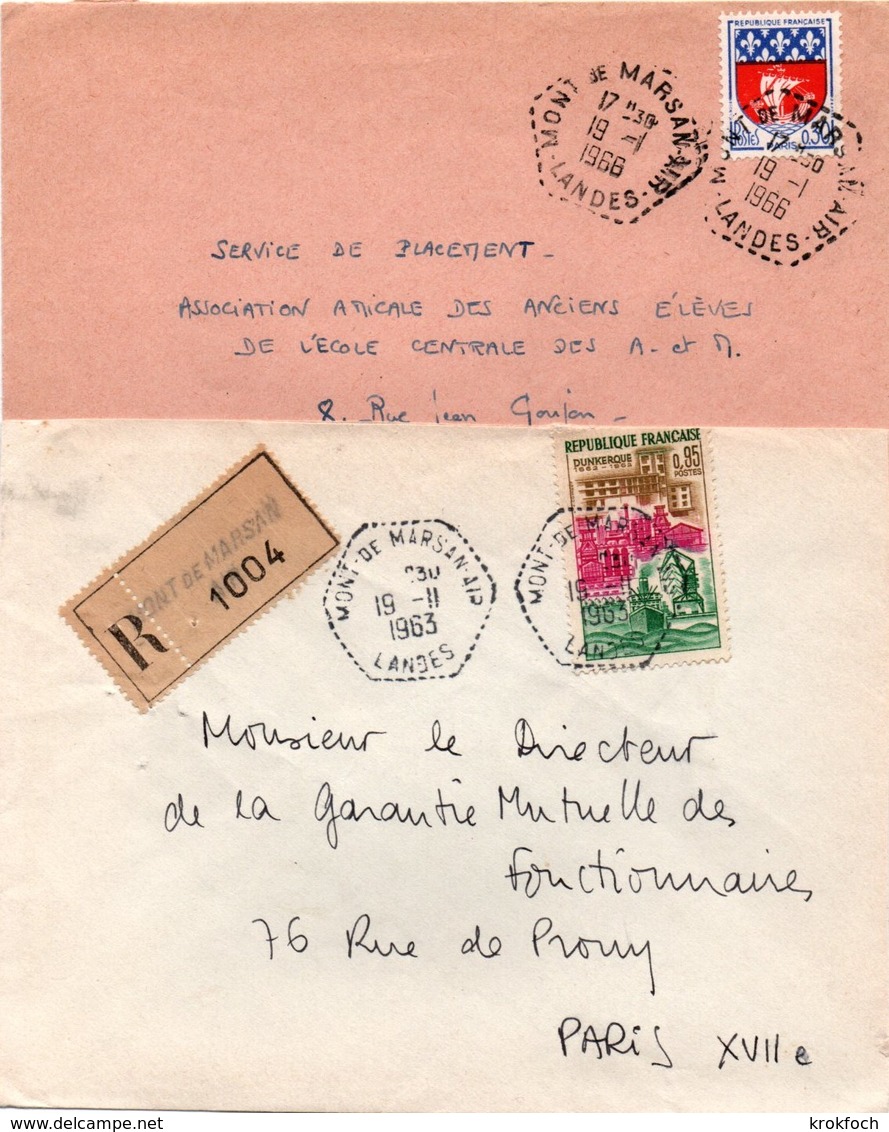 Mont De Marsan Air Landes - 2 Lettres 1963 Et 1966 - Hexagonal Armée De L'air - Recommandé Avec Griffe - Cachets Militaires A Partir De 1900 (hors Guerres)