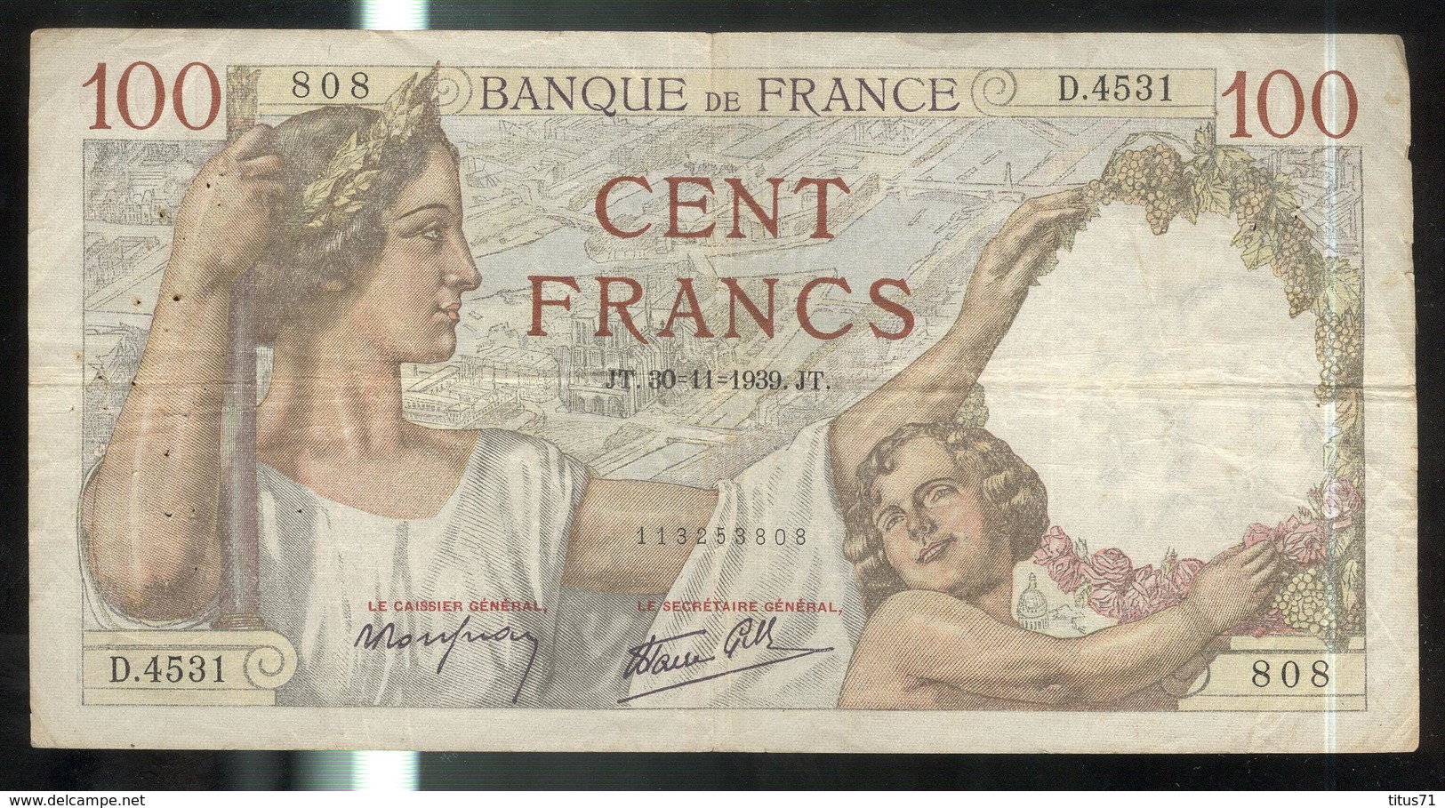 Billet 100 Francs France Sully 30.11.1939.JT. - 100 F 1939-1942 ''Sully''