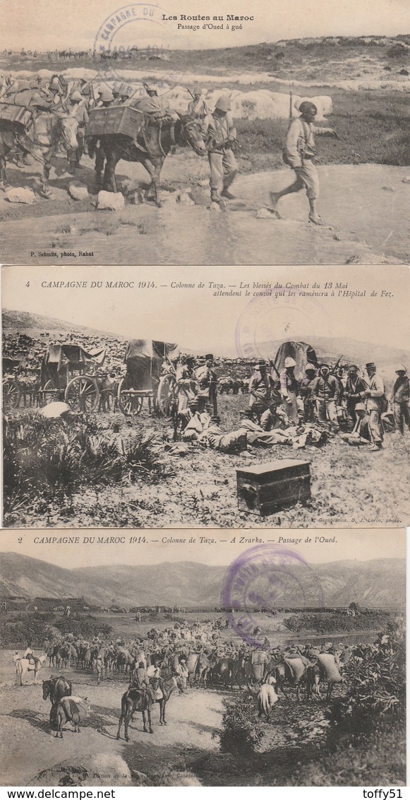 3 CPA:MILITAIRE LES BLESSÉS COMBAT CAMPAGNE DU MAROC 1914,MILITAIRES PASSAGE OUED À GUÉ,COLONNE DE TAZA ZRARKA  ÉCRITES - Autres & Non Classés