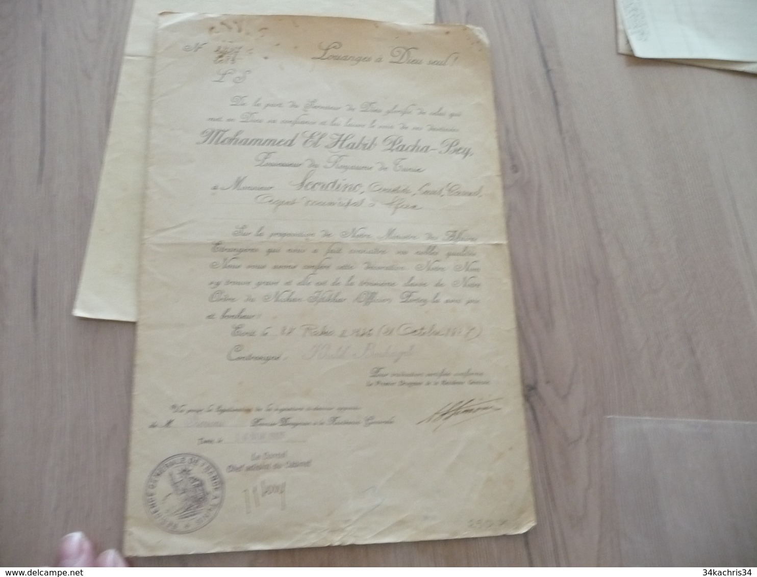 Diplôme Ordre De Nichan Iftikar Offcier Scordino 1927 + Lettre D'accompagnement Tunisie - Documents