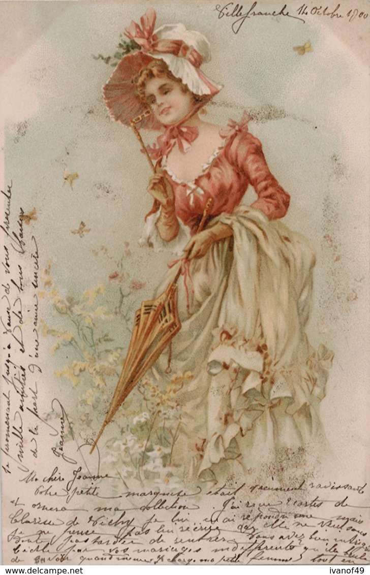 Chromo Litho - Jeune Femme, Ombrelle, Chapeau- Précurseur Circulée 1900 - Femmes