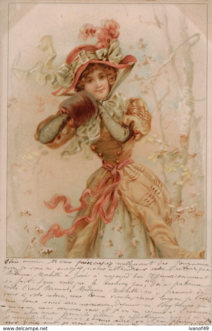 Chromo Litho - Jeune Femme, Manchon, Chapeau- Précurseur Circulée 1900 - Frauen