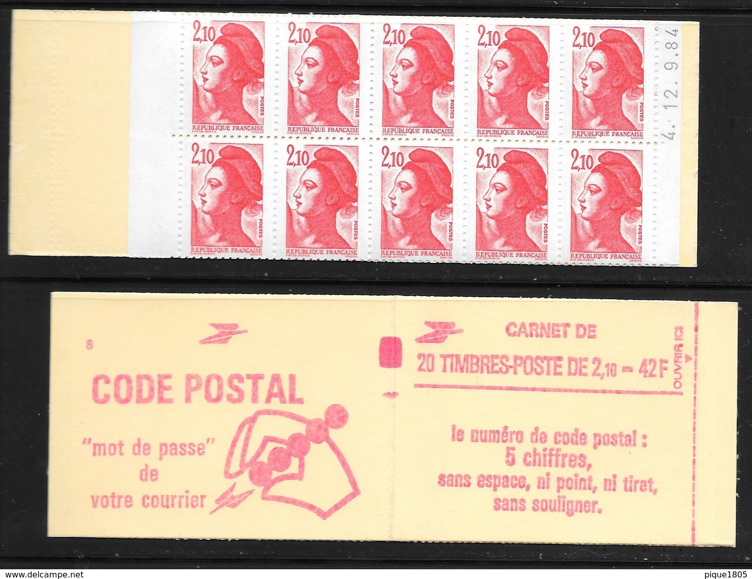 Carnet 2319-C4 Daté 12.9.84 Liberté 2,10 Rouge Couverture Code Postal Conf 8 - Autres & Non Classés