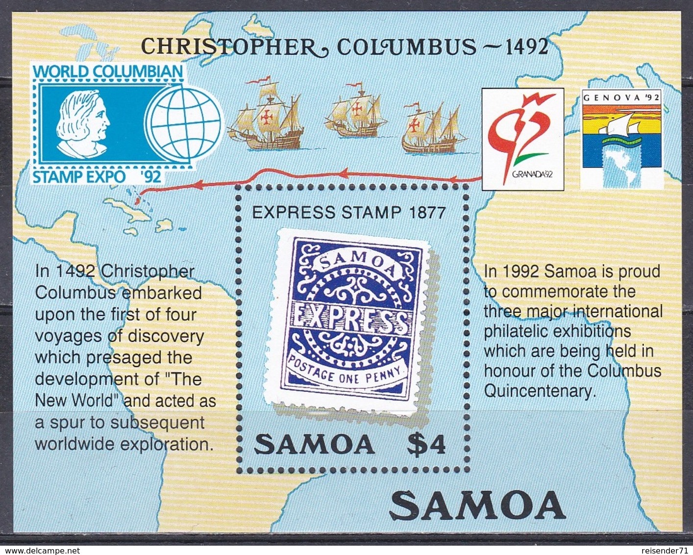 Samoa 1992 Geschichte History Entdeckungen Discovery Kolumbus Columbus GENOVA WORLD COLUMBIAN Chicago, Bl. 50 ** - Samoa (Staat)