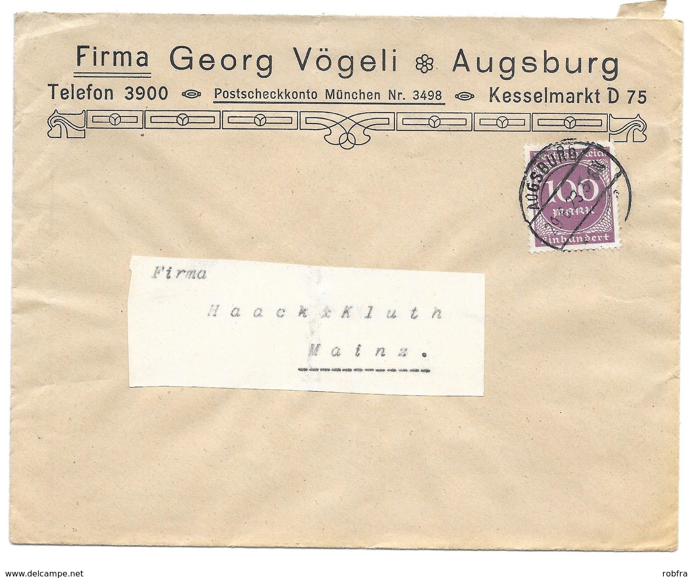 Augsburg - Deutsches Reich - Lettre -  "Firma Georg Vögli - Augsburg" Vers Mainz, Mi. 268; 1923 - Lettres & Documents