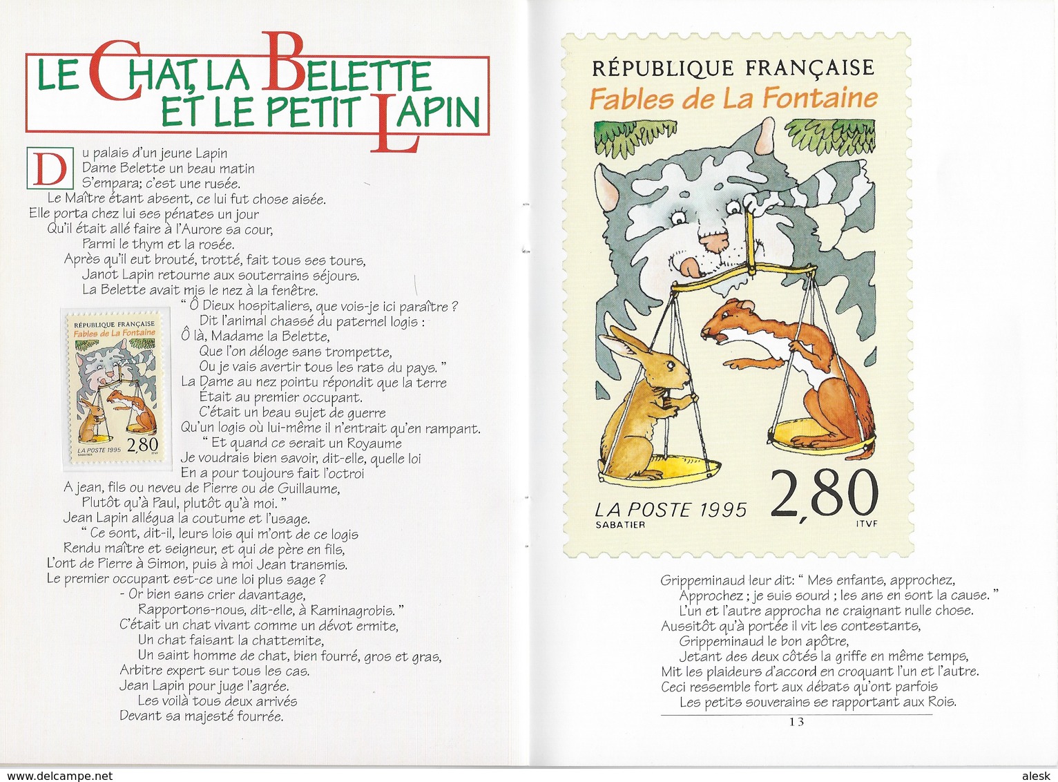 LIVRET - SIX FABLES en TIMBRES - Jean de la Fontaine Série n°2958 à 2963 - 1995