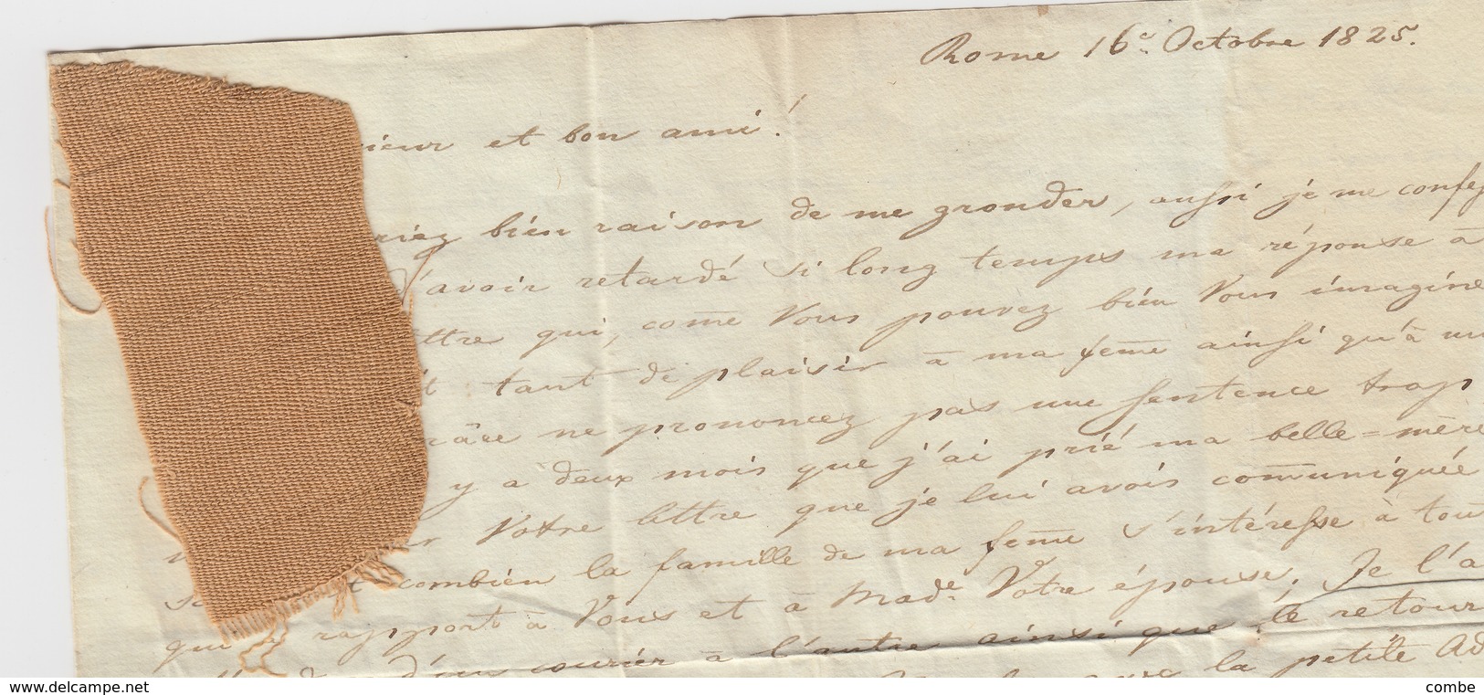 LETTRE 1825. ROME. AVEC ECHANTILLON D'UNE ROBE DE MOMIE EGYPTIENNE. TEXTE +++++ - Archéologie