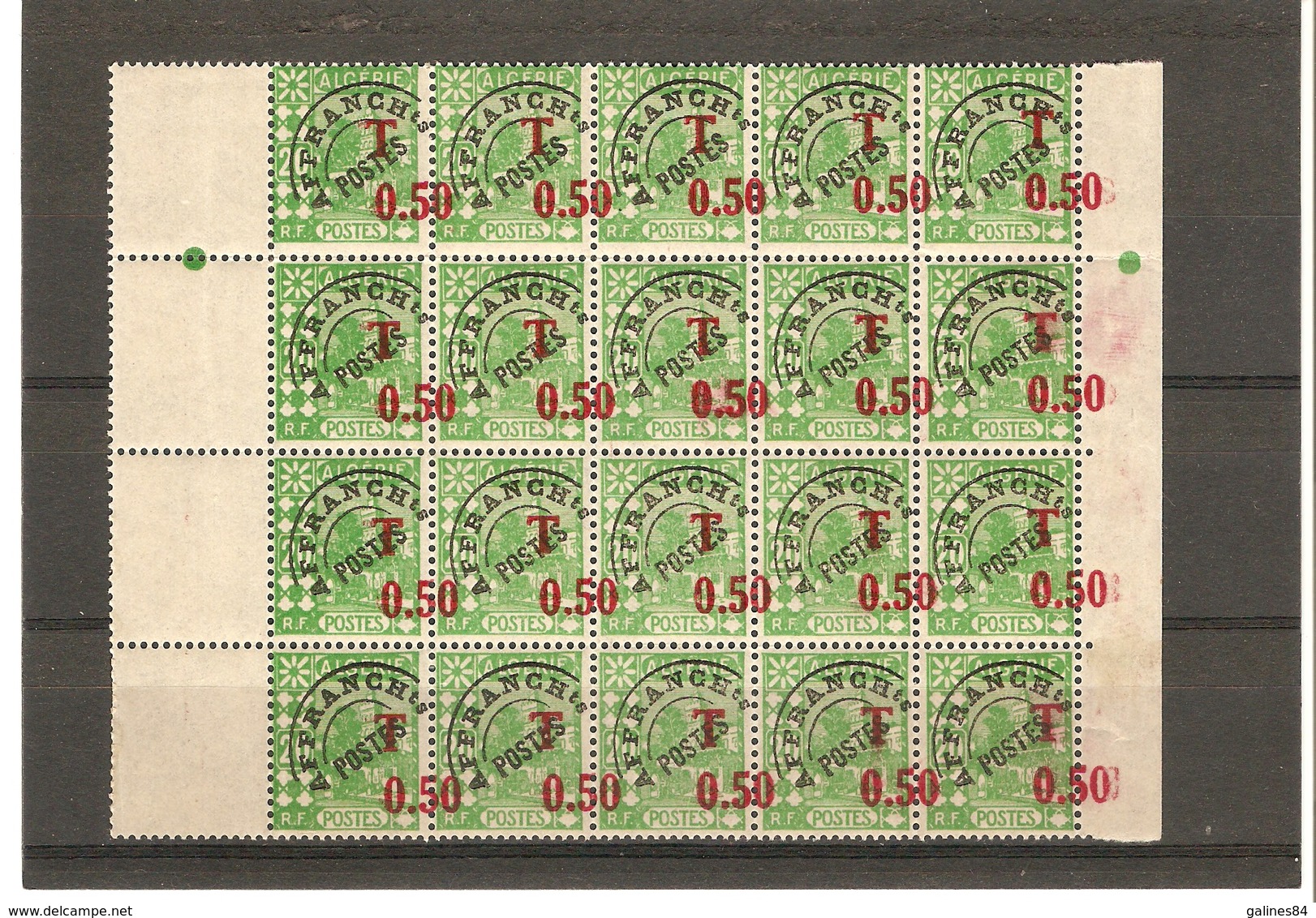 ALGERIE Taxe N°28 0.50 Sur 20 Vert-Jaune Sur Préoblitéré N°13 Surcharge Décalée Bloc De 20 Timbres ** - Timbres-taxe