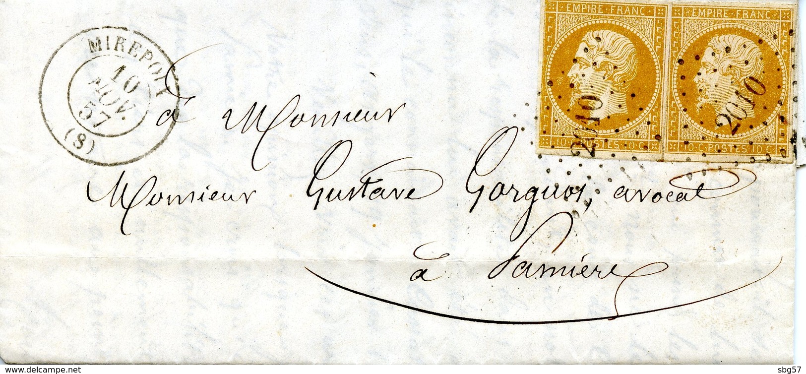 2 Napoléon Empire Non Dentelés à 10 C Bistre (YT N° 13) Sur Lettre De Mirepoix Pour Pamiers (10/11/1857) - 1853-1860 Napoleon III