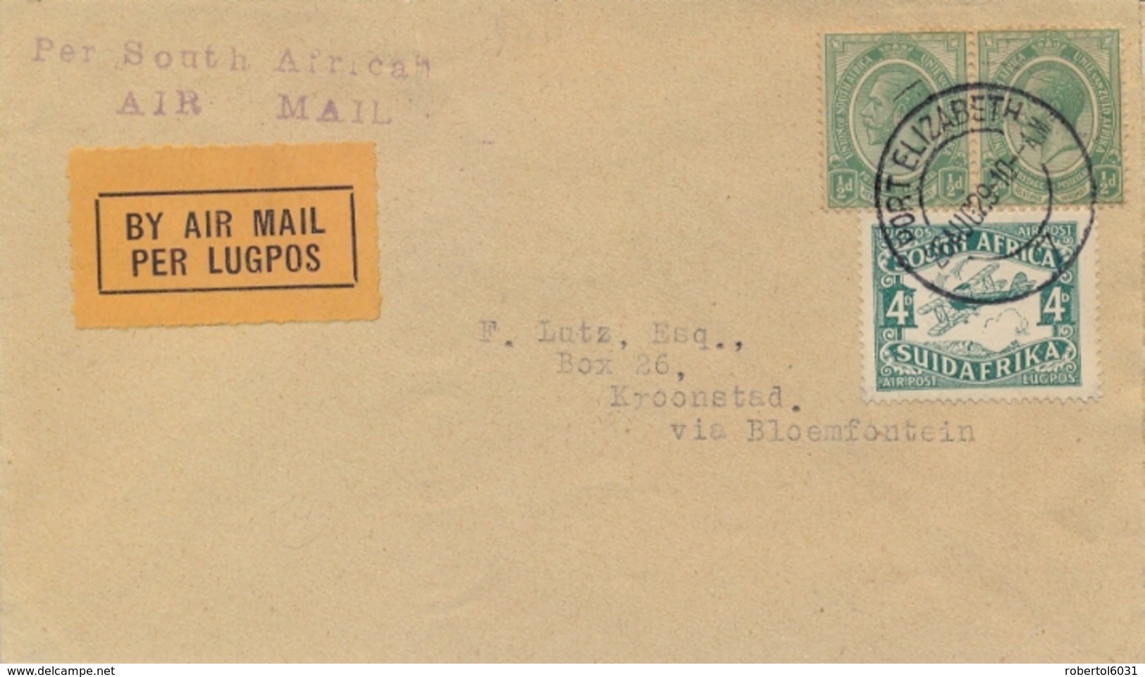 South Africa 1929 Cover By Airmail From Port Elizabeth To Kroonstad Via Bloemfontein First Day Of Service - Posta Aerea