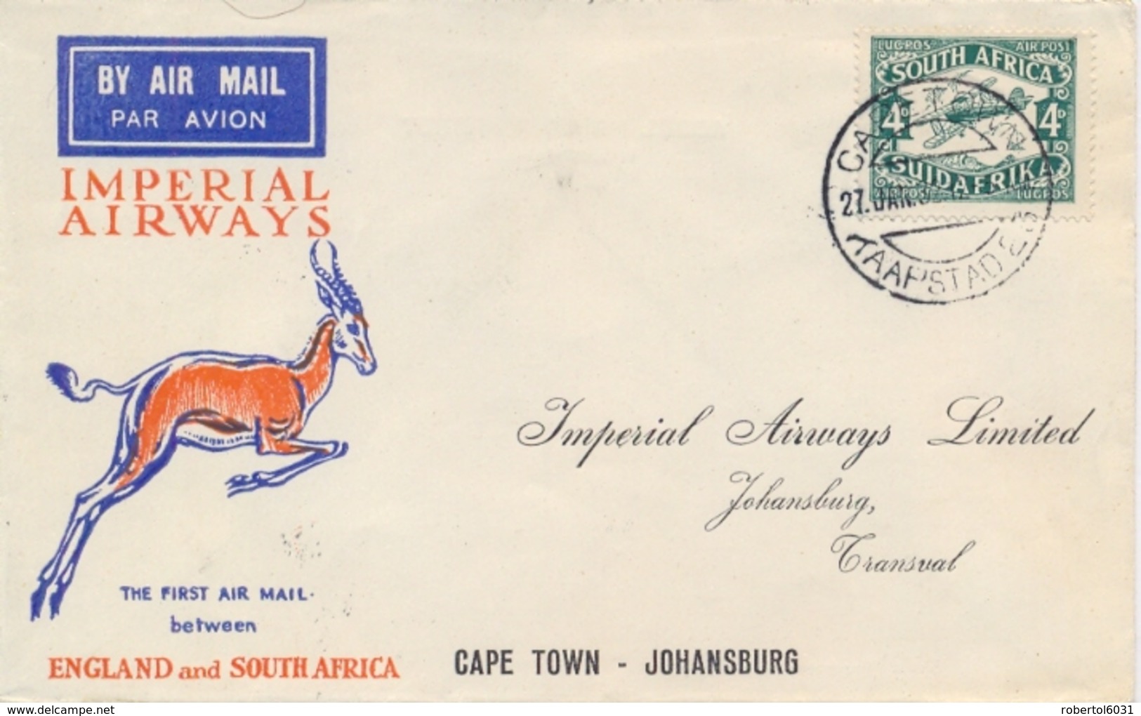 South Africa 1932 Imperial Airways Cover From Cape Town To Johannesburg With 4 D. Airmail Stamp Sole Franking - Airmail