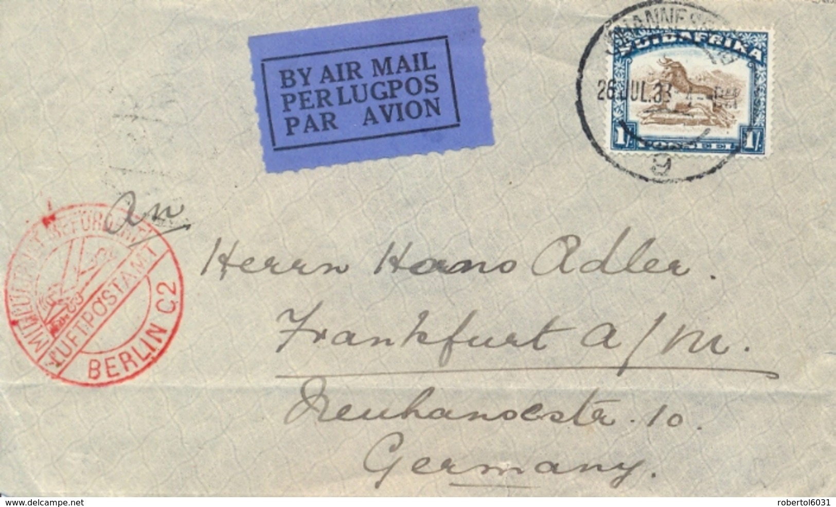 South Africa 1933 Cover By Airmail To Germany With Arrival Red Handstamp Luftpostamt Berlin C2 - Luftpost
