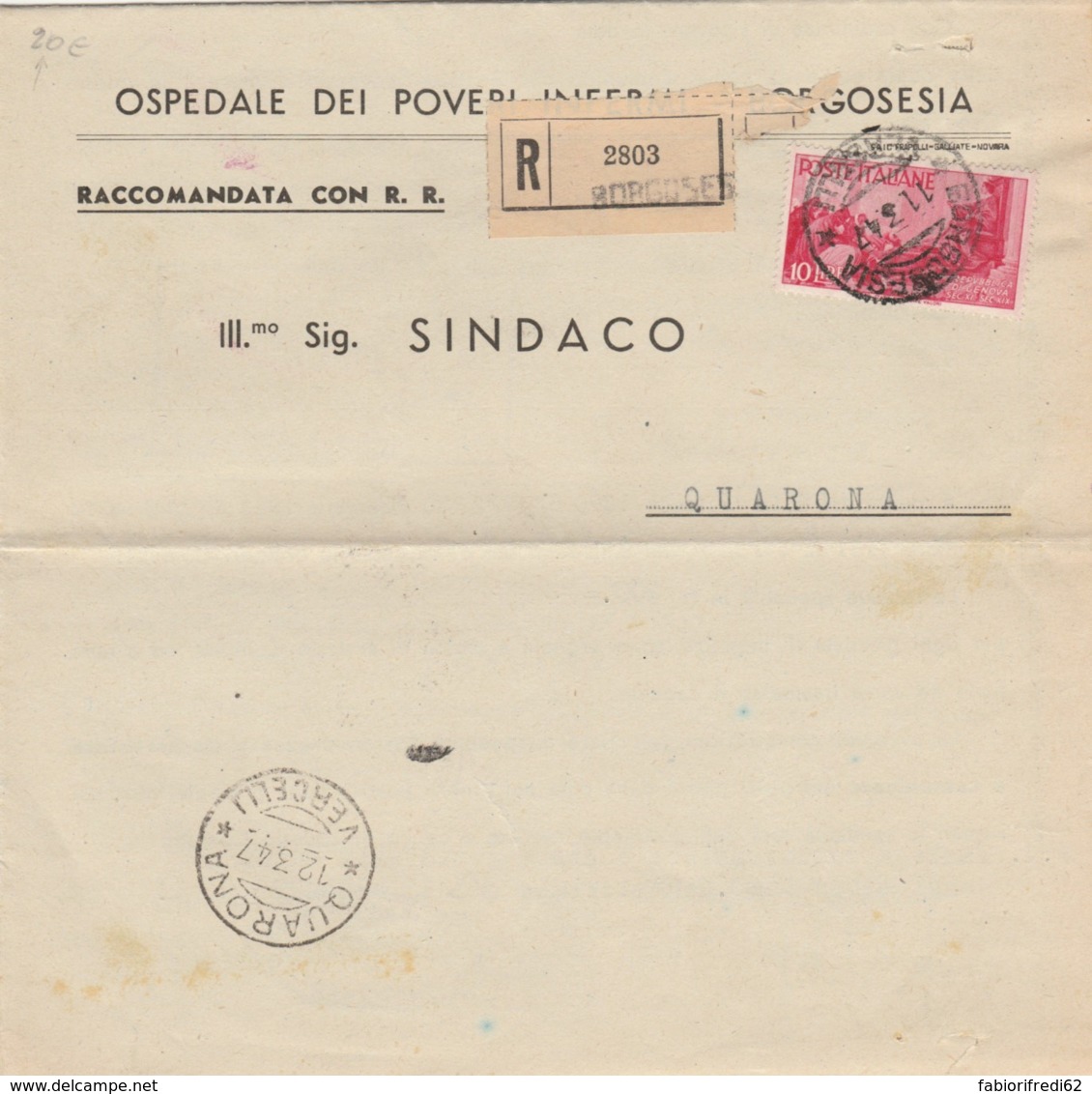 RACCOMANDATA 1947 10 L. REP.GENOVA TIMBRO BORGOSESIA QUARONA (EX678 - 1946-60: Storia Postale