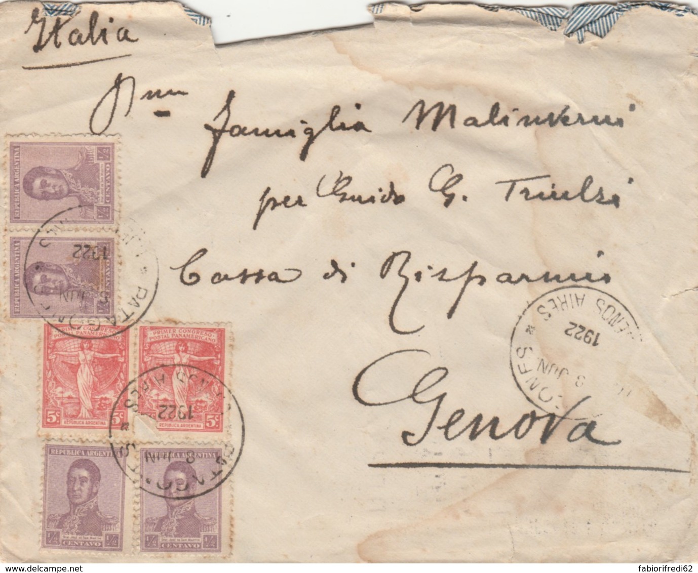 LETTERA ARGENTINA 1922 TIMBRO BUENOS AIRES GENOVA PREGATE I VOSTRI (EX714 - Lettres & Documents