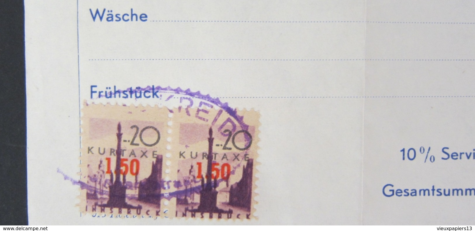 Ancienne Facture HOTEL KREID Innsbruck - Rechnung - Timbres Fiscaux  Kurtaxe10 Surchargés 1.50 - Fiscal Marken Autriche - Autriche