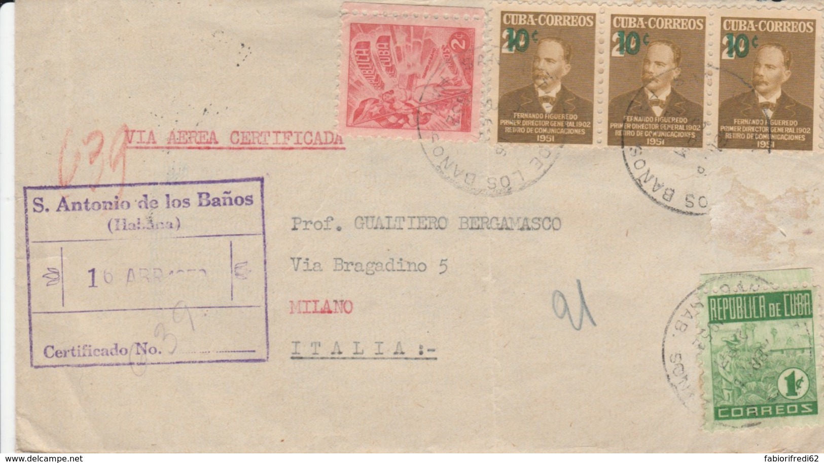 LETTERA 1952 CUBA ARRIVO MILANO (EX806 - Storia Postale