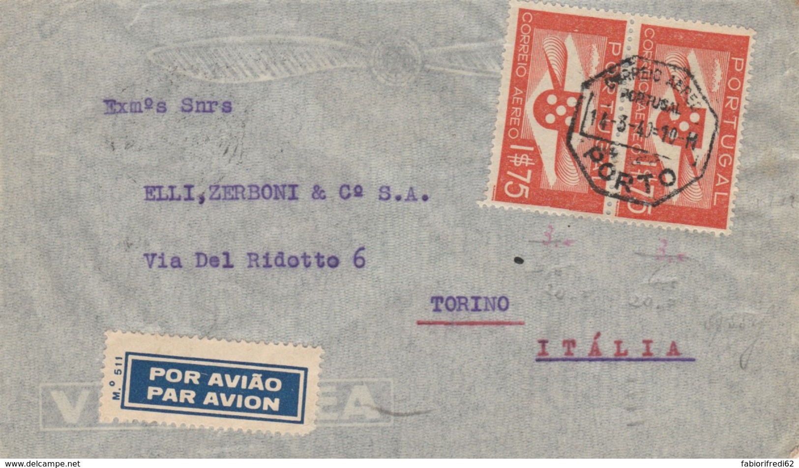 LETTERA 1940 PORTOGALLO TIMBRI PORTO LISBOA TORINO (EX808 - Storia Postale