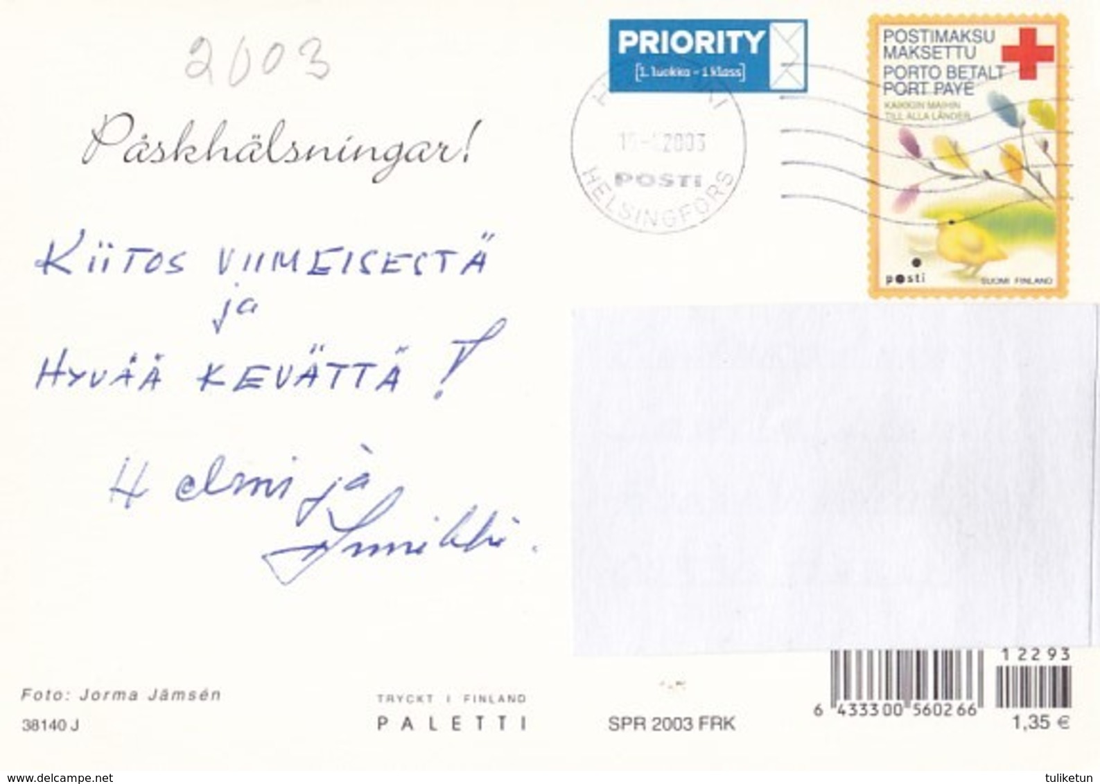 Easter Flowers - Daffodils - Willows - Eggs - Red Cross 2003 - Postal Stationery - Suomi Finland - Postage Paid - Entiers Postaux