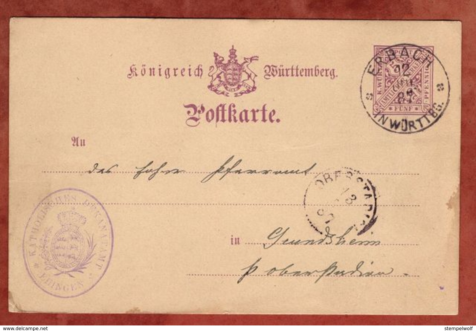 DP 24 Ziffer, Dekanatamt Ehingen, Erbach Nach Grundsheim, AK-Stempel Oberstadion 1887 (71086) - Sonstige & Ohne Zuordnung