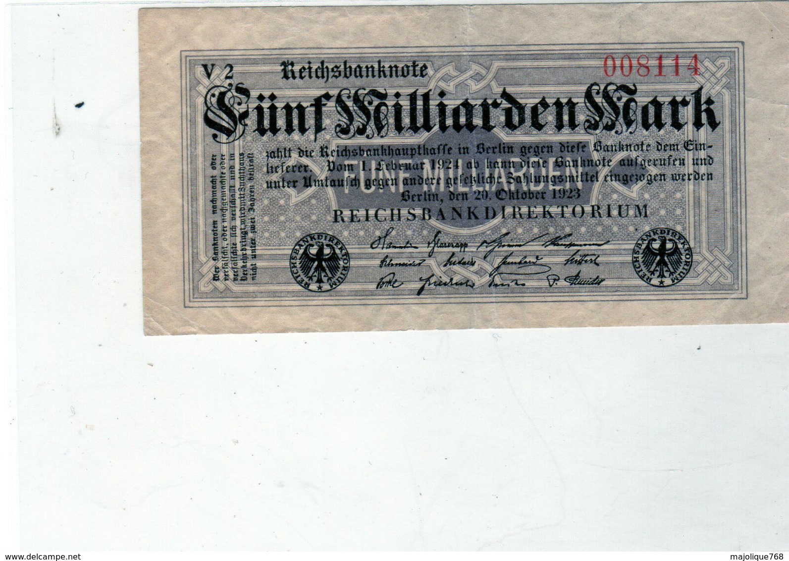 Billet De 5 Milliards Mark, - ND ( Octobre 1923) En T T B - Uni Face - - 5 Miljard Mark