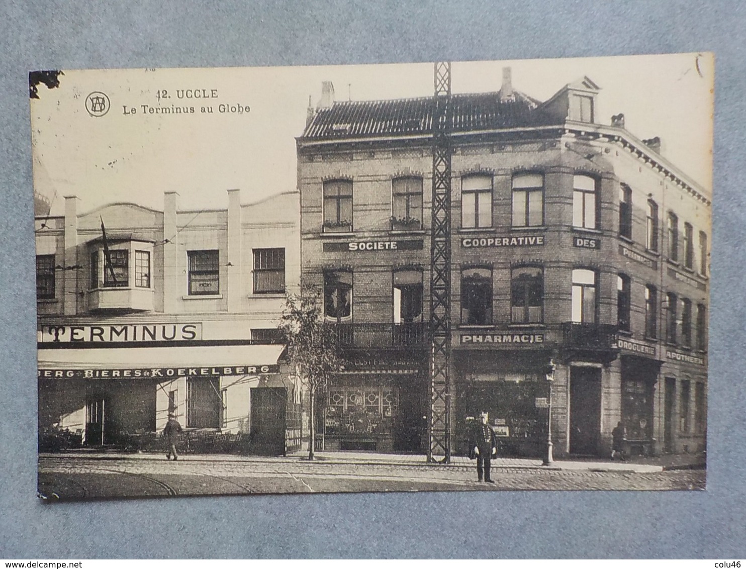 Ancien CP Animée Uccle Le Terminus Au Globe Pharmacie Gendarme Cliché Walschaerts N° 12 - Uccle - Ukkel