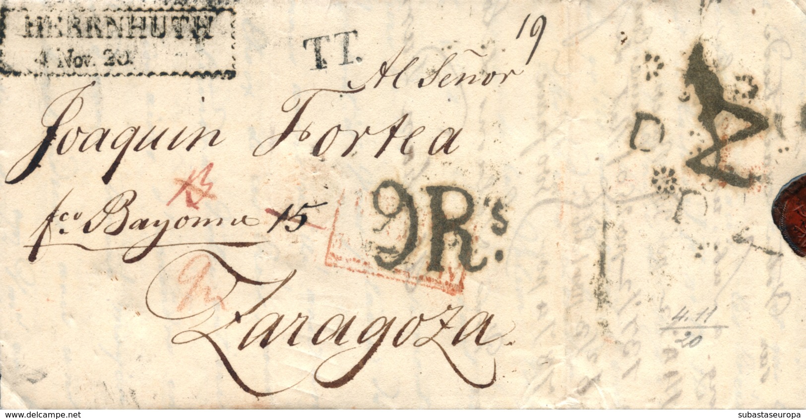 D.P. 4. 1820. Carta De Alemania A Zaragoza. Porteo Y Tránsitos. Marca Franco Bayona. Rarísima. Fechador P.E. 42 A La Lle - ...-1850 Préphilatélie