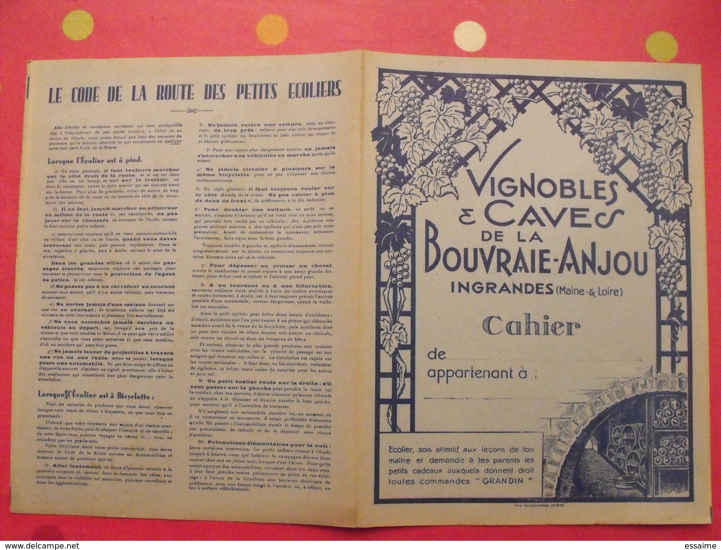 Protège-cahier Vignobles & Caves De La Bouvraie-Anjou. Ingrandes (maine & Loire). Grandin - Protège-cahiers