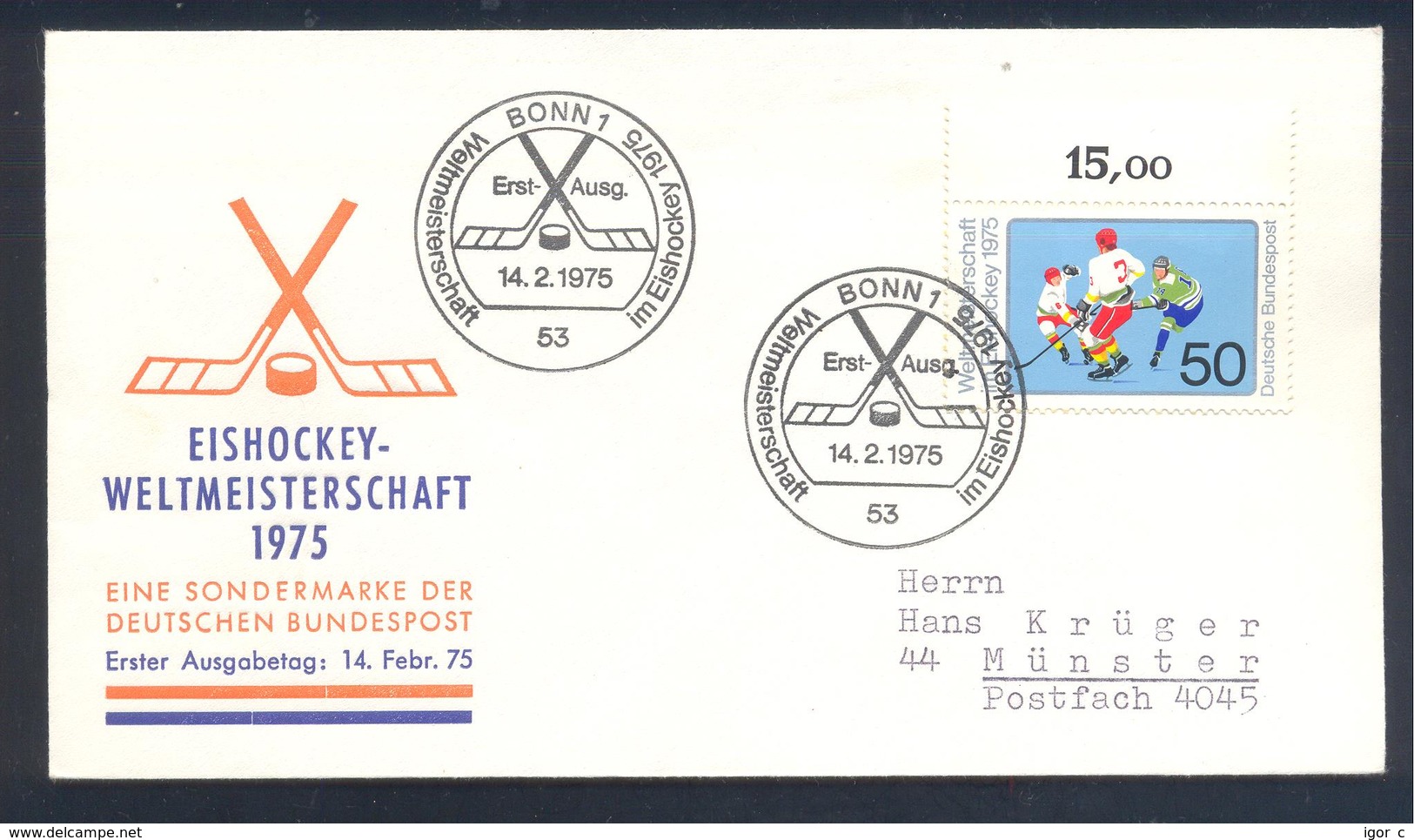 Germany 1975 Cover: Ice Hockey Sur Glace; Eishockey; IIHF World Championship1975; Bonn Cancellation - Hockey (sur Glace)