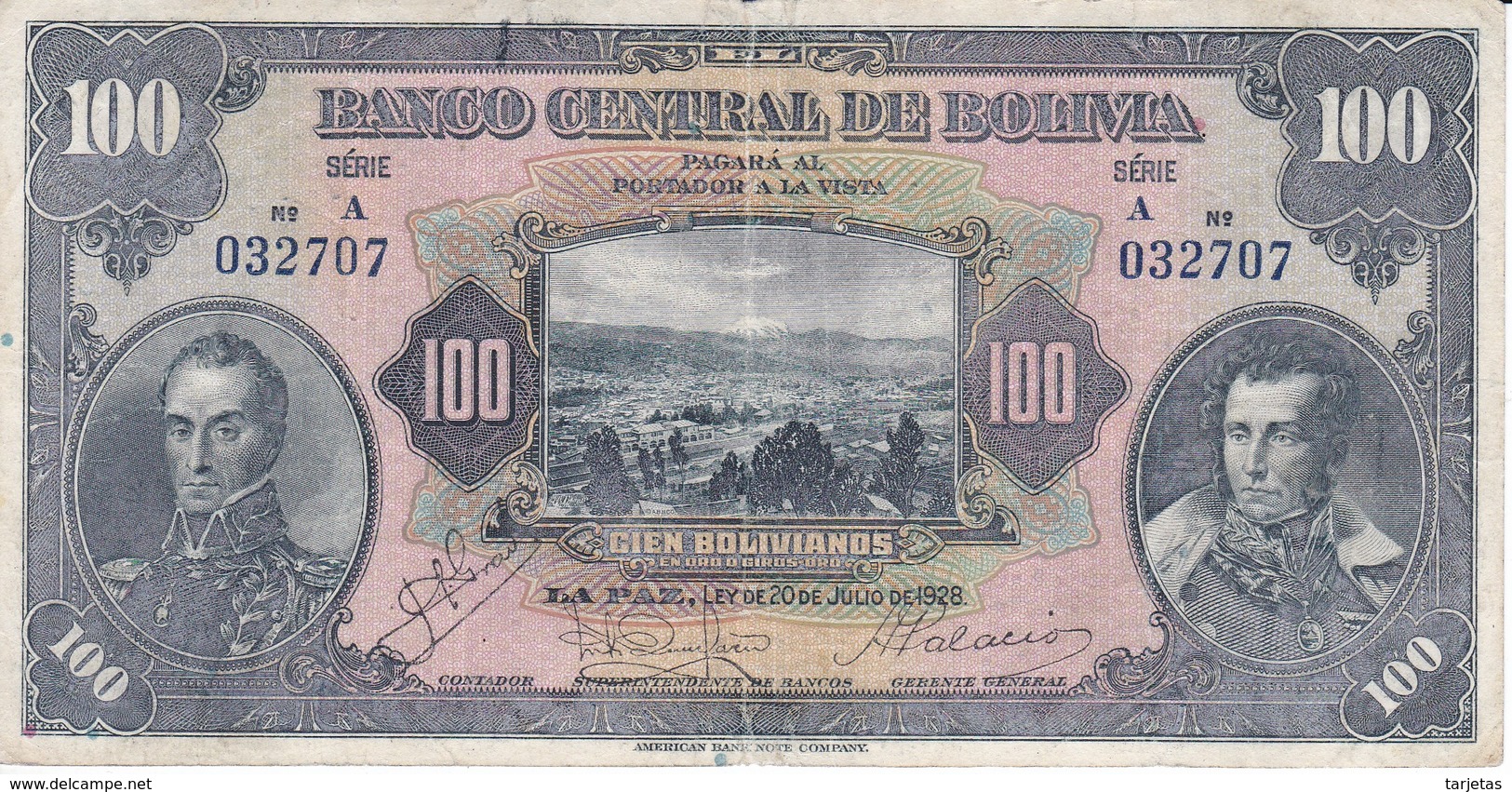 BILLETE DE BOLIVIA DE 100 BOLIVIANOS DEL AÑO 1928 (BANKNOTE) 1ª EMISION SERIE A - Bolivia