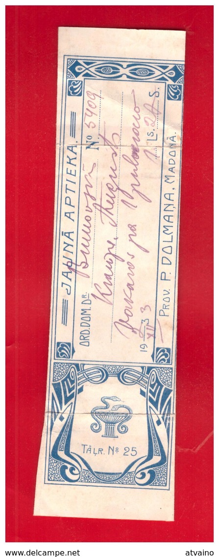 LATVIA LETTLAND VINTAGE PHARMACY LABEL Madona Dolmana Jauna Aptieka ~1933 - Documents Historiques