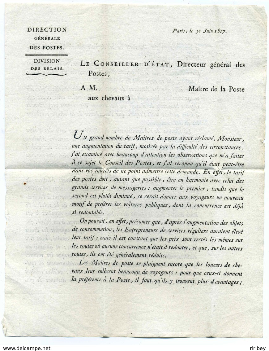 Franchise /  Conseiller D'Etat Directeur Général De L'Administration Des Postes / Postes Aux Chevaux / 1817 - 1801-1848: Precursors XIX