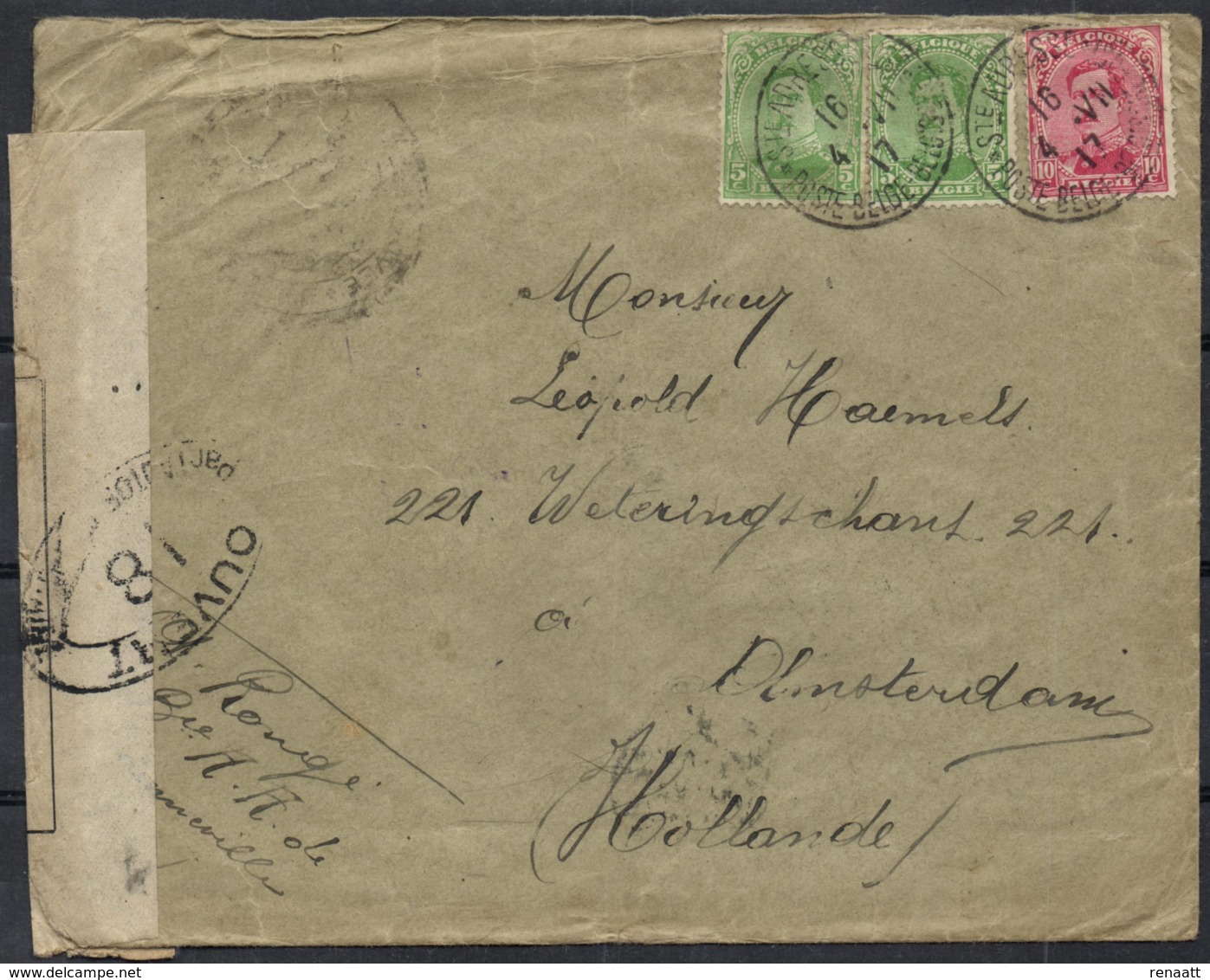 Belgium 1917 Cover Ste Adresse 4-Jul-1917 To Amsterdam Netherlands 28-Aug-1917 Censor France 0, 18, 20 Dieppe WWI - 1915-1920 Albert I