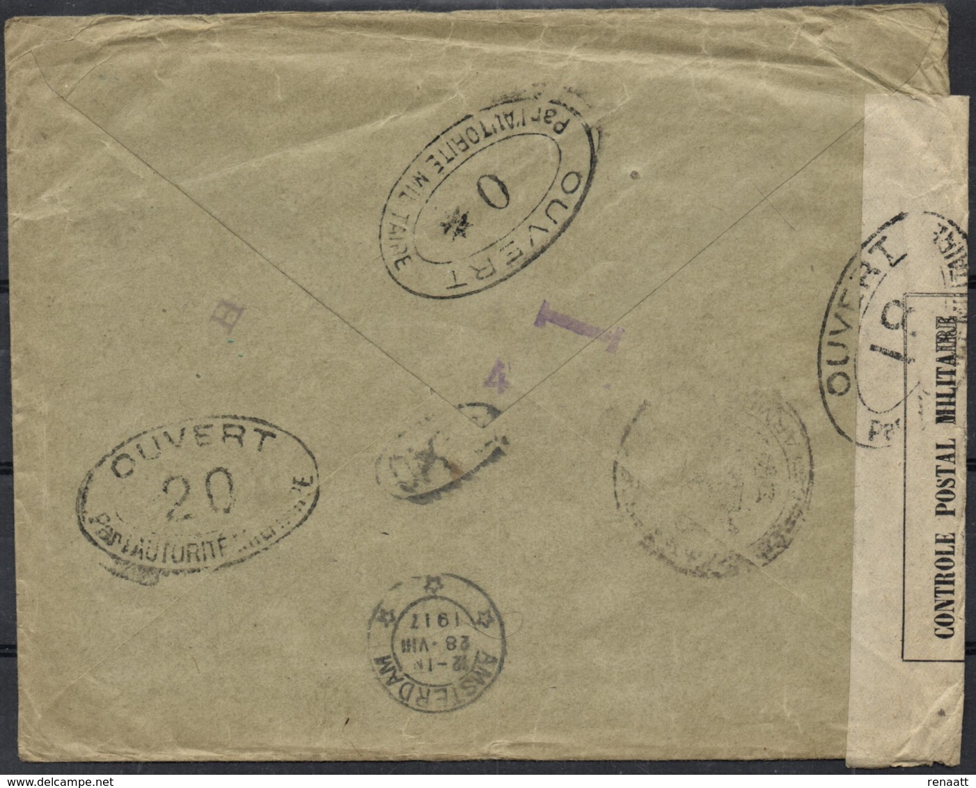 Belgium 1917 Cover Ste Adresse 4-Jul-1917 To Amsterdam Netherlands 28-Aug-1917 Censor France 0, 18, 20 Dieppe WWI - 1915-1920 Albert I