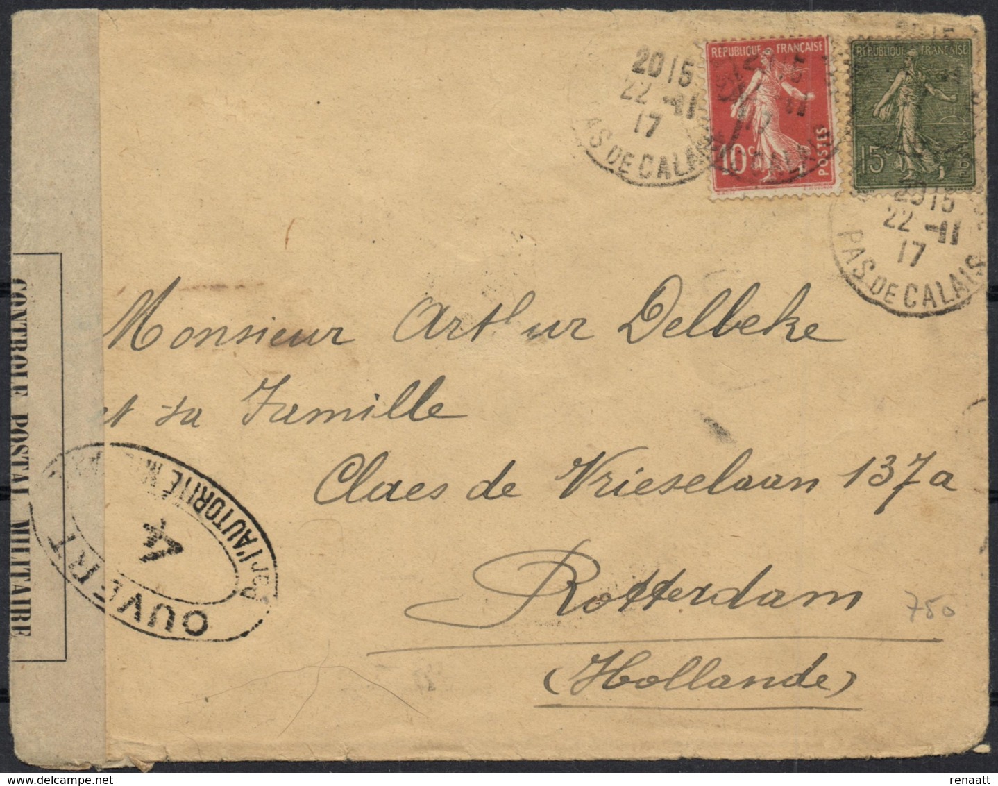 France 1917 Cover Pas De Calais 22-Nov-1917 To Rotterdam Netherlands 24-Dec-1917 Censor France 0, 4 And 24 Dieppe WWI - Briefe U. Dokumente