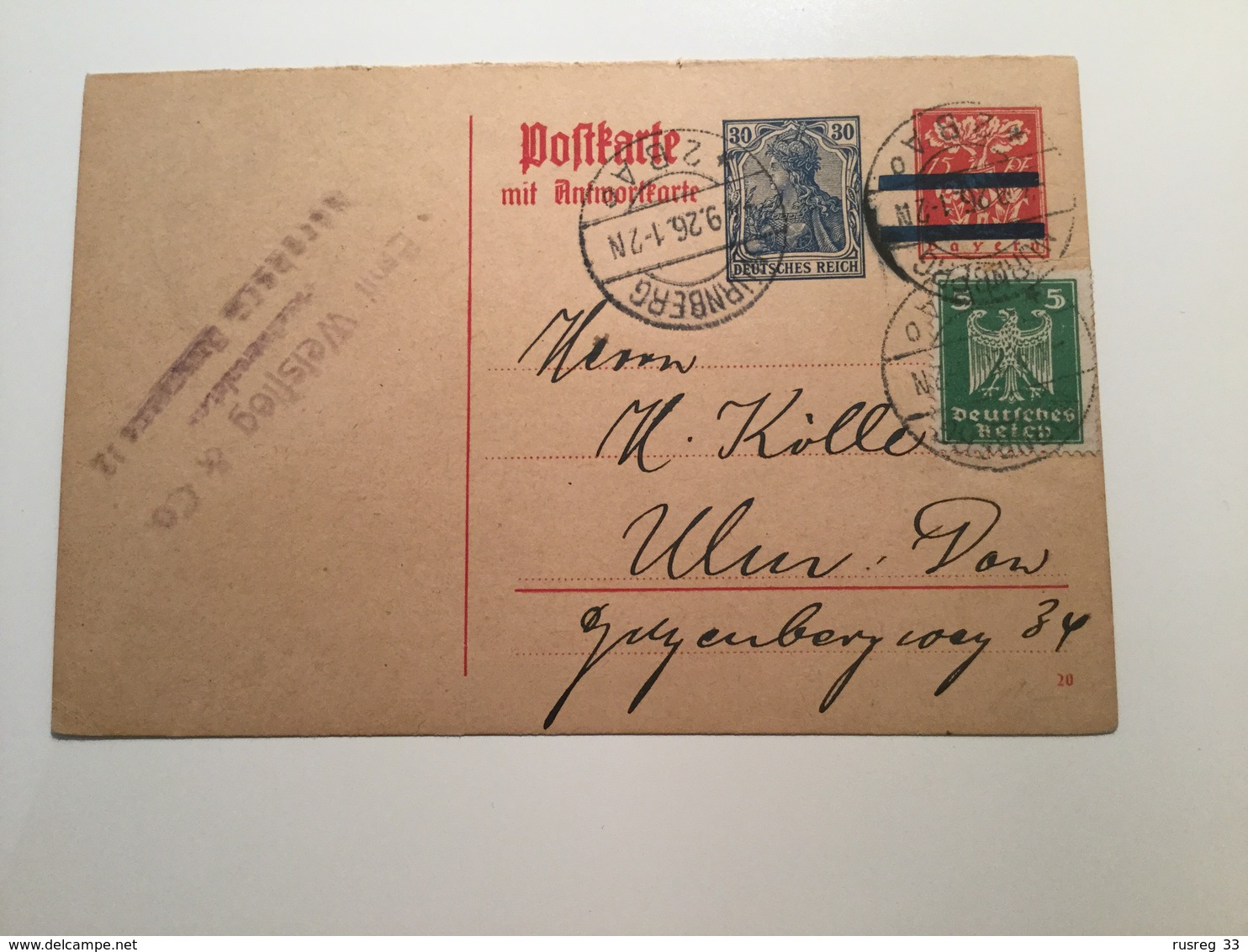 GÄ38657 Deutsches Reich Ganzsache Stationery Entier Postal P 139I Von Nürnberg Nach Ulm - Sonstige & Ohne Zuordnung